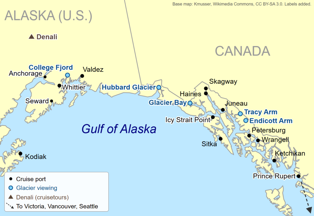 Map of coastal Alaska showing the Inside Passage ports from Ketchikan to Skagway, the glacier-viewing areas, the Gulf of Alaska, Seward, Whittier, Anchorage and Denali