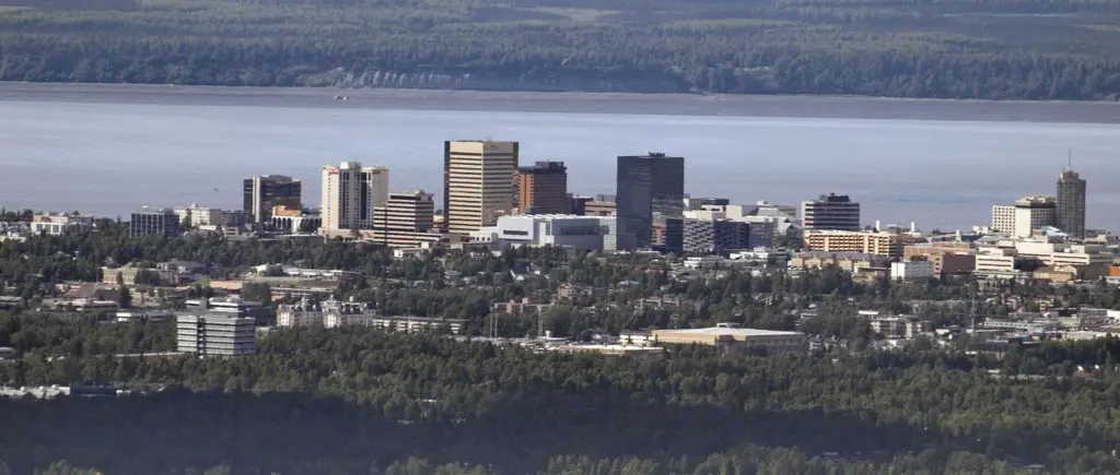 Downtown Anchorage towers beside Cook Inlet seen from the forested slopes of Chugach State Park on a summer evening