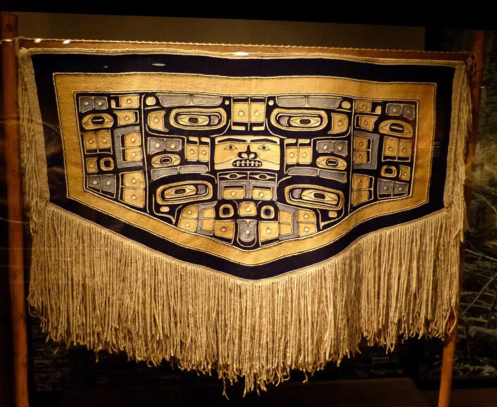 A Chilkat blanket with black, yellow and blue-green formline designs and long fringe displayed in a museum case