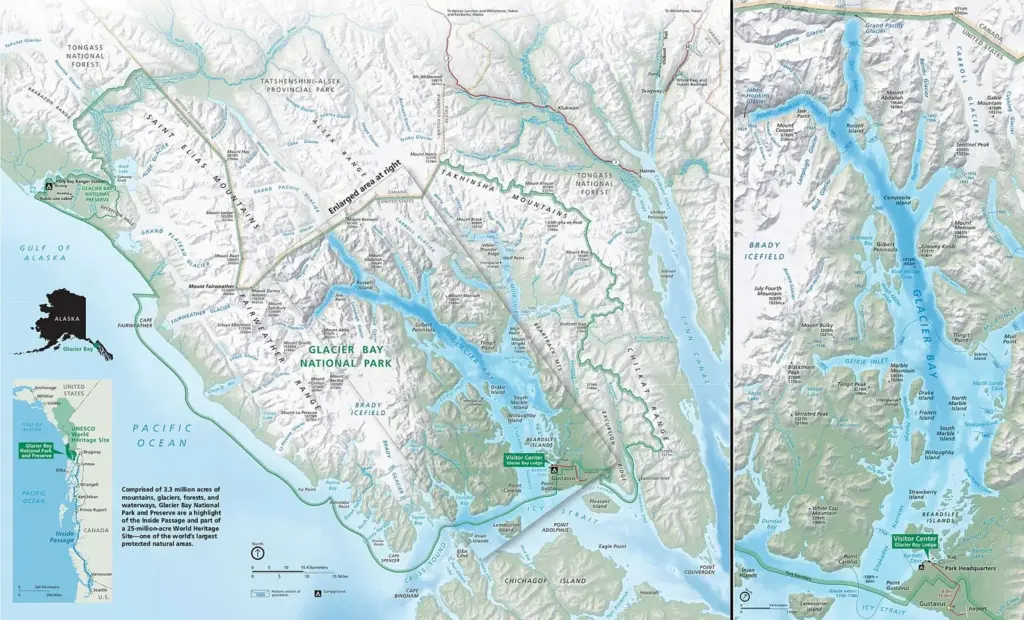 Park Service map of Glacier Bay with an enlarged inset of the bay and its inlets