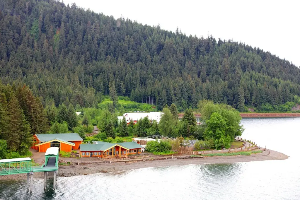 Low red and green buildings of the port complex on a forested point, with a gangway to the water