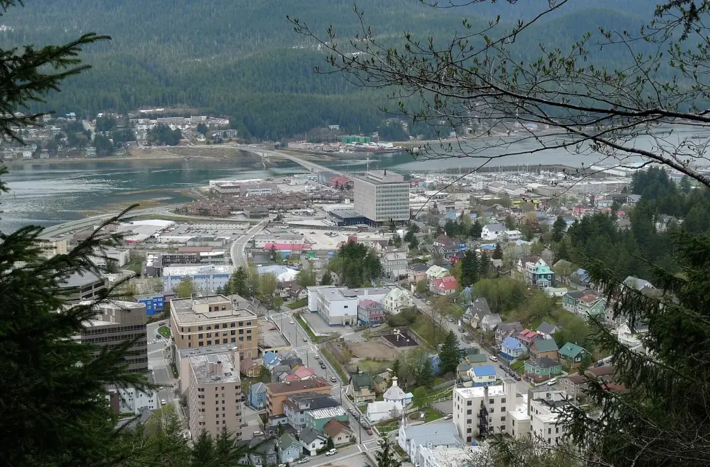 Downtown Juneau, the Douglas bridge and Gastineau Channel seen from the forested slopes of Mount Roberts