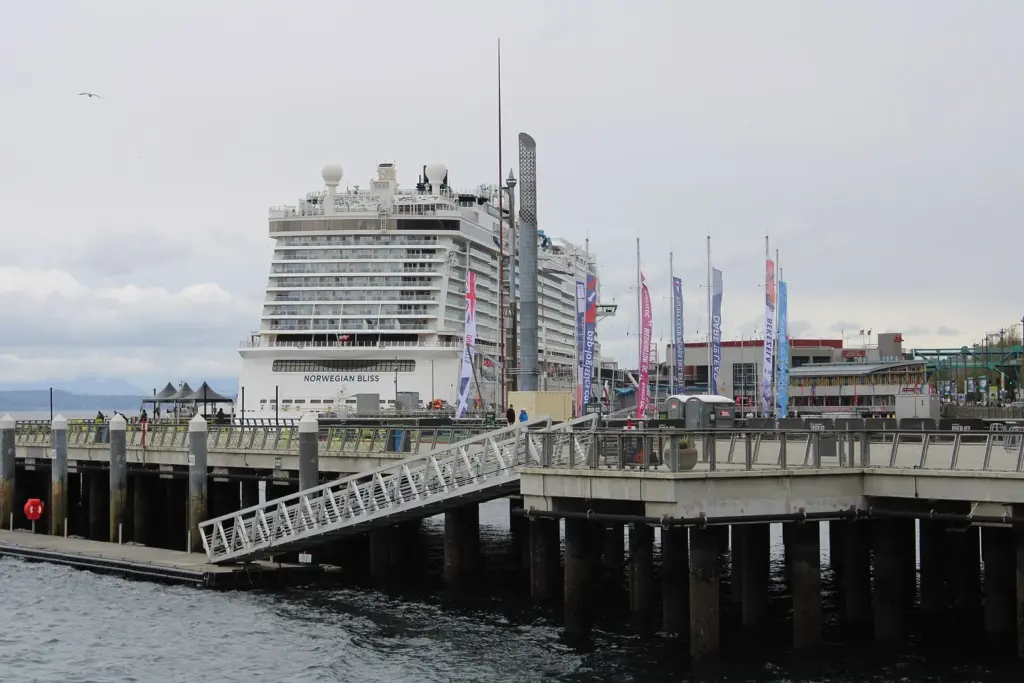 Norwegian Bliss docked at Pier 66, the Bell Street Cruise Terminal, on the downtown Seattle waterfront
