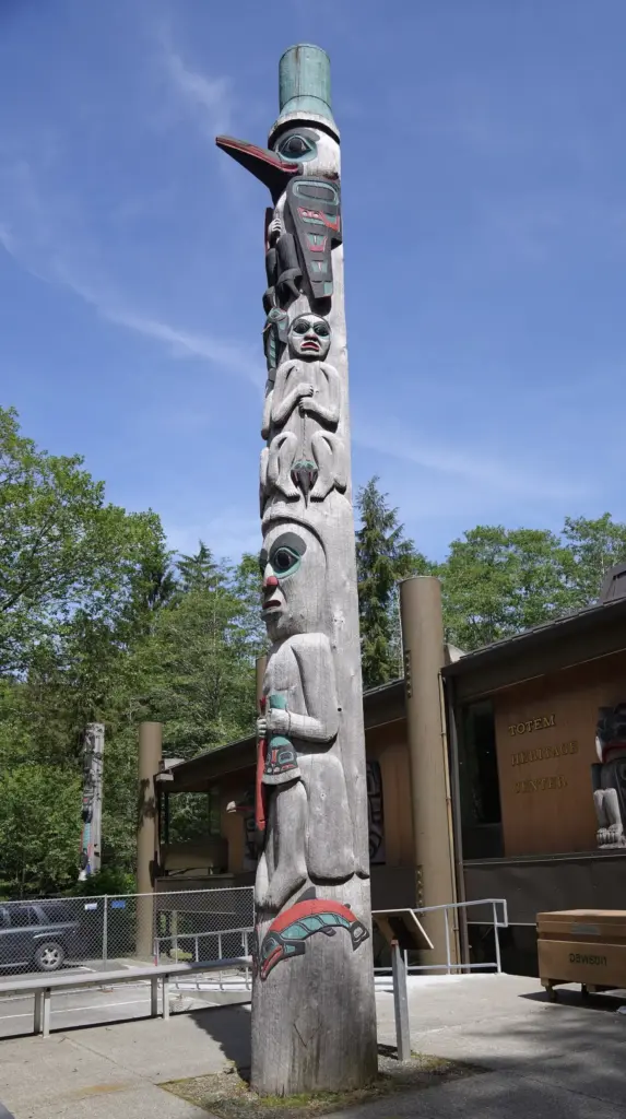 A tall carved and painted totem pole with a raven at the top standing in front of the Totem Heritage Center in Ketchikan