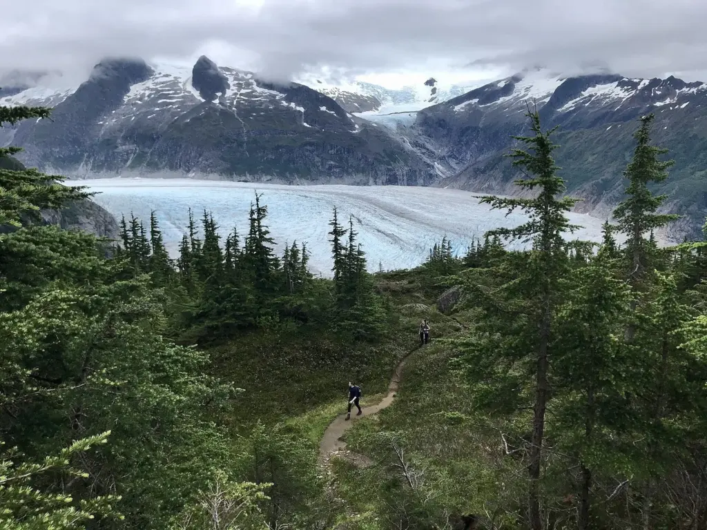 Two hikers on a forest trail high above the long river of ice flowing down from snowy peaks