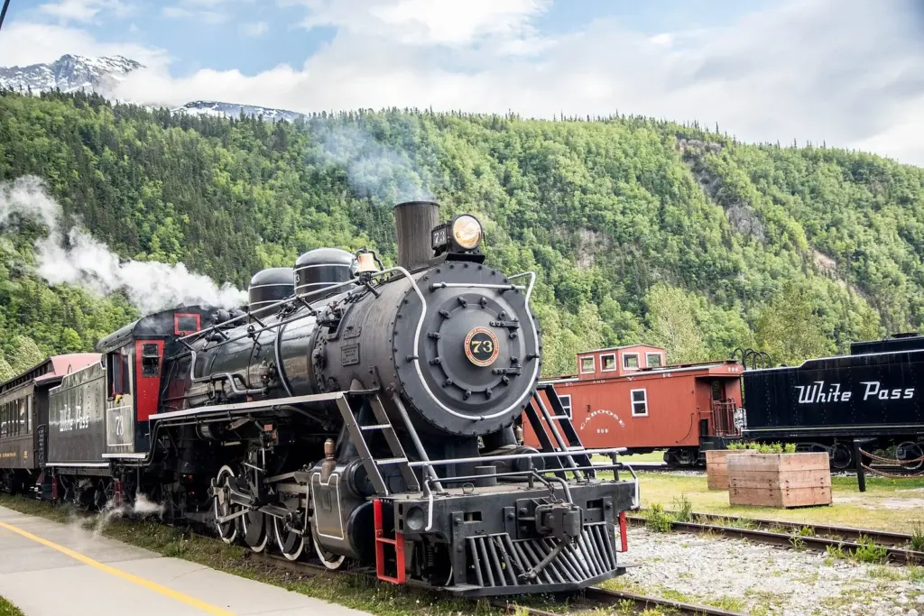 Black steam locomotive No. 73 with a White Pass tender and vintage cars in the Skagway rail yard, green mountains behind